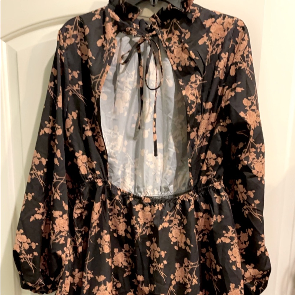 Backless gold and black floral mini dress